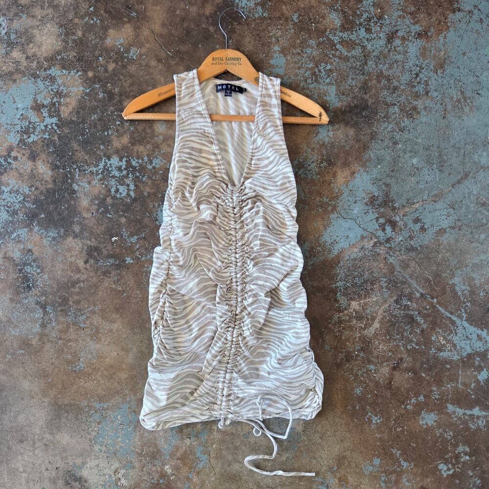 Motel Rocks Ruched Mini Dress Size S V Neck Zebra Print Trashy Y2K White Taupe